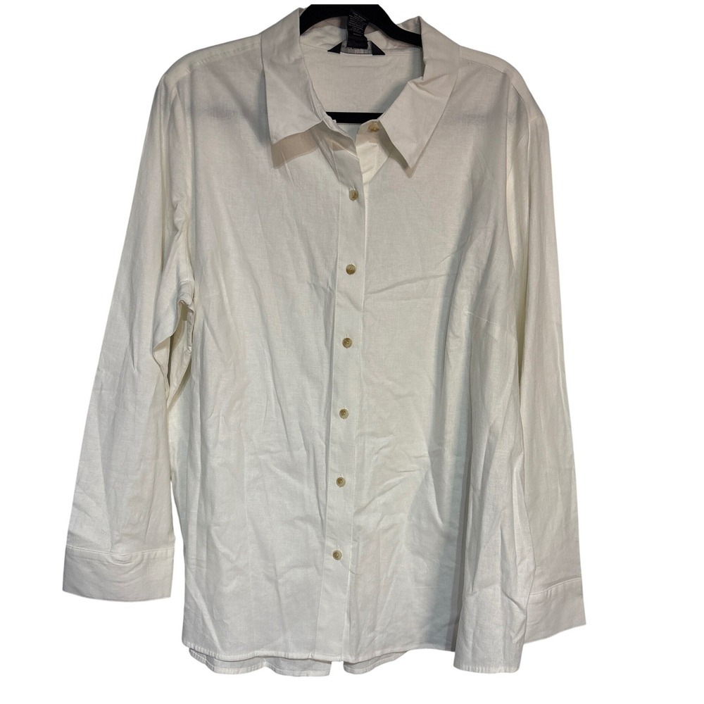 Investments Woman White Stretch Linen Blend Button Down Shirt 2X New